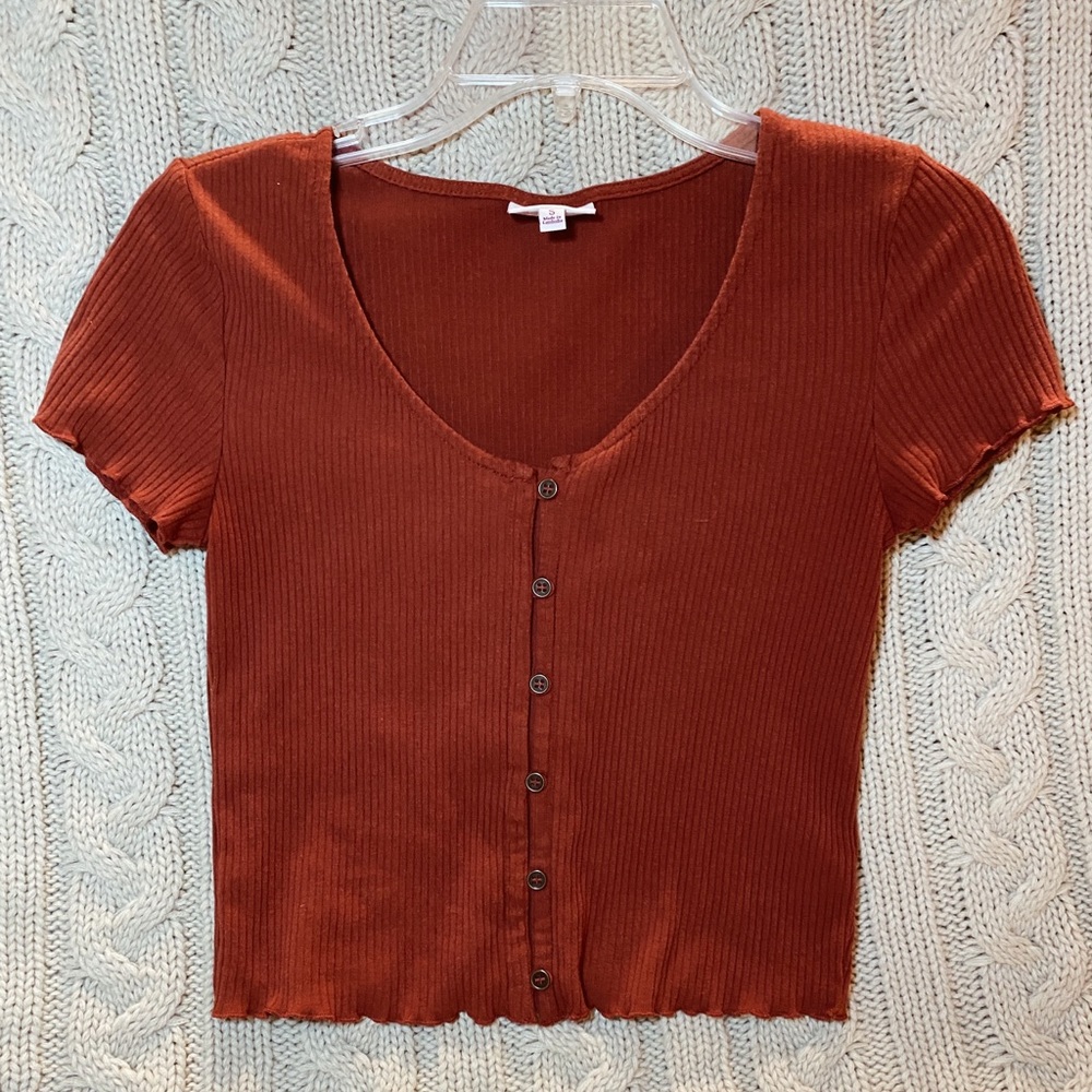 Burgundy button up top, size small.